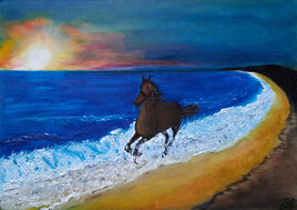 "Horse galloping on the beach at sunset"