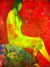 Femme jaune sur fond rouge.